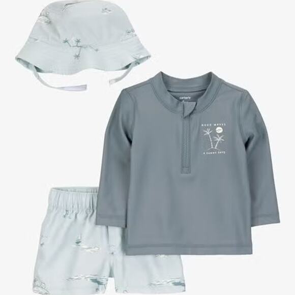 Baby 3-Piece Long-Sleeve Rashguard, Swim Trunk & Swim Hat Set - Grey/Blue